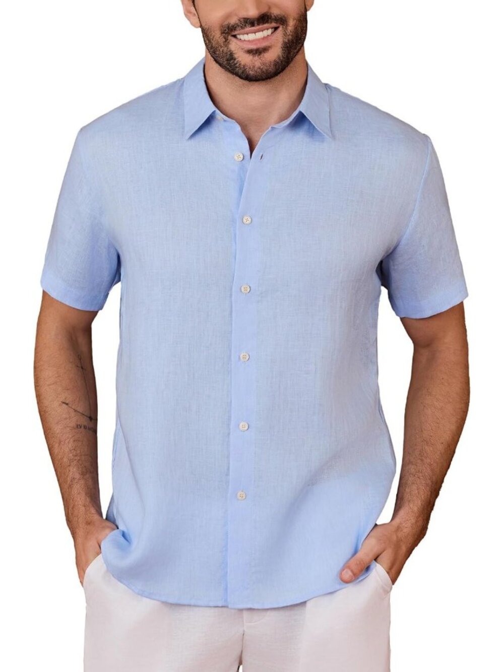 Men's Casual 100% Linen Short Sleeve Button Down Shirt - Summer Beach Top